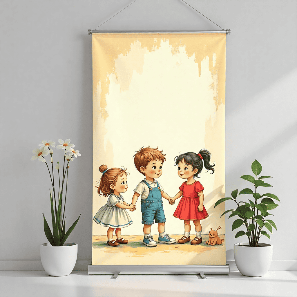 Exhibition banner graphic with bold geometric shapes